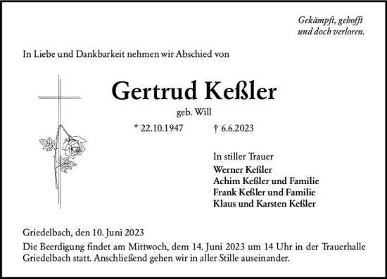 Traueranzeige von Gertrud Keßler von Wetzlarer Neue Zeitung