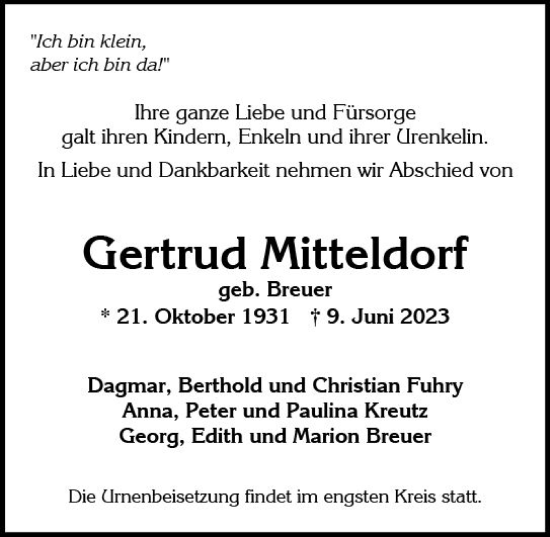 Traueranzeige von Gertrud Mitteldorf von Wiesbadener Kurier