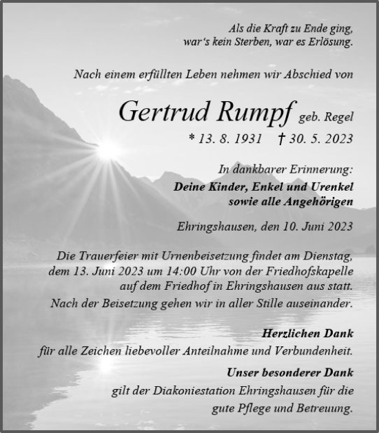 Traueranzeige von Gertrud Rumpf von Wetzlarer Neue Zeitung