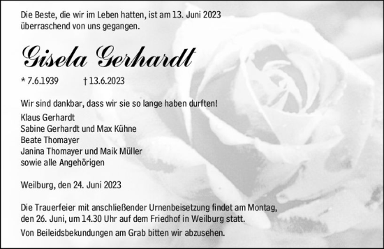 Traueranzeige von Gisela Gerhardt von Weilburger Tageblatt