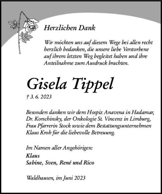 Traueranzeige von Gisela Tippel von Weilburger Tageblatt