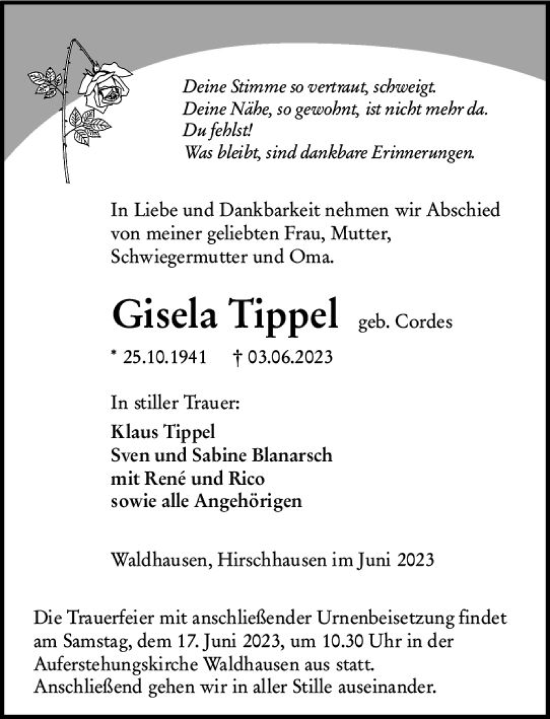 Traueranzeige von Gisela Tippel von Weilburger Tageblatt