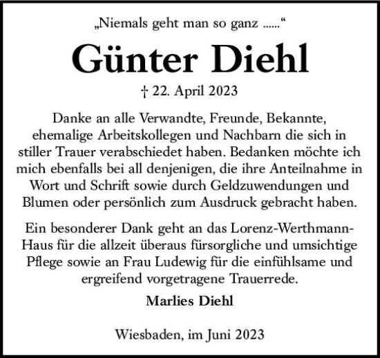 Traueranzeige von Günter Diehl von Wiesbadener Kurier