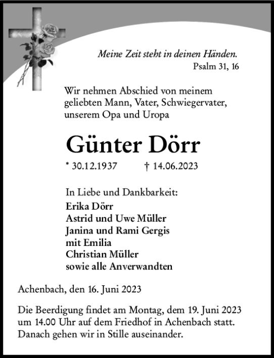 Traueranzeige von Günter Dörr von Hinterländer Anzeiger