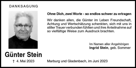 Traueranzeige von Günter Stein von Hinterländer Anzeiger