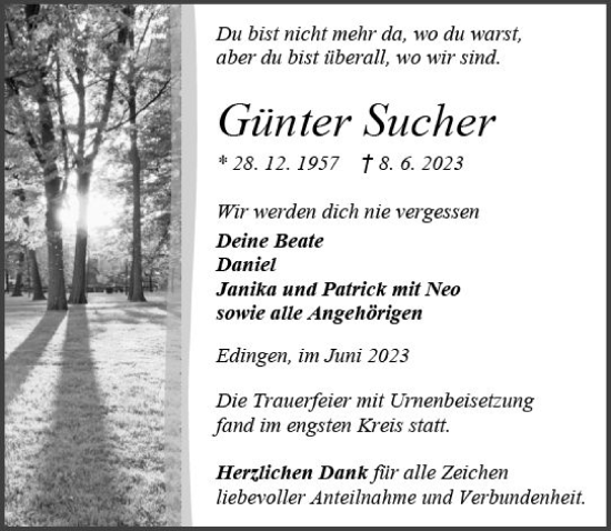 Traueranzeige von Günter Sucher von Dill Block