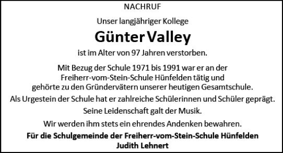 Traueranzeige von Günter Valley von Nassauische Neue Presse