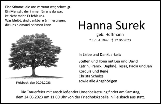 Traueranzeige von Hanna Surek von Dill Block