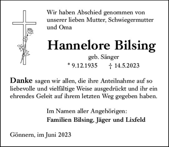 Traueranzeige von Hannelore Büsing von Hinterländer Anzeiger