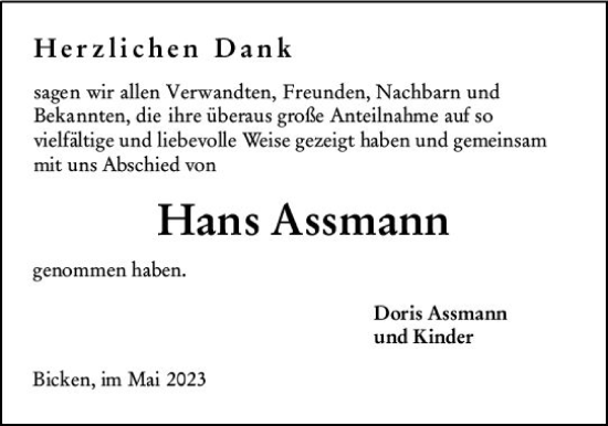 Traueranzeige von Hans Assmann von Dill Block