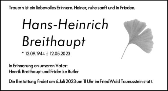 Traueranzeige von Hans-Heinrich Breithaupt von Wiesbadener Kurier