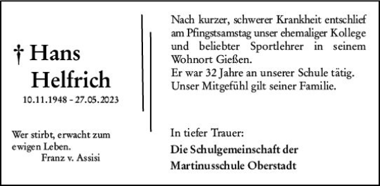 Traueranzeige von Hans Helfrich von Allgemeine Zeitung Mainz