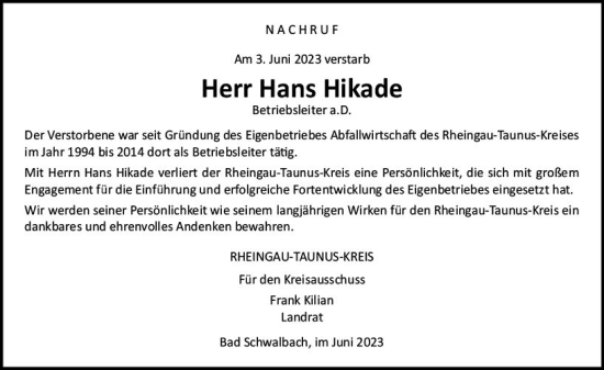 Traueranzeige von Hans Hikade von Idsteiner Land/Untertaunus