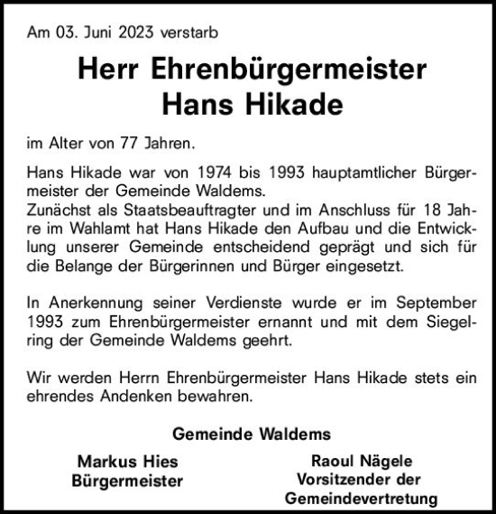 Traueranzeige von Hans Hikade von Idsteiner Land/Untertaunus