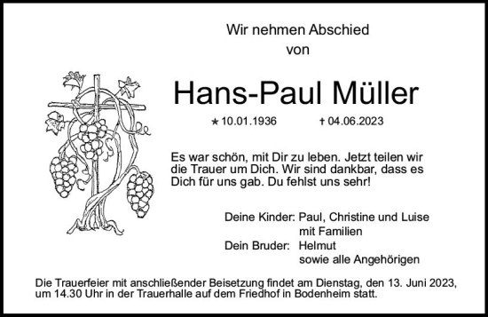 Traueranzeige von Hans-Paul Müller von Allgemeine Zeitung Mainz