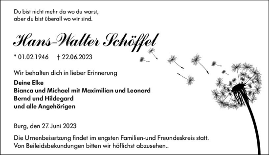 Traueranzeige von Hans-Walter Schöffel von Dill Block