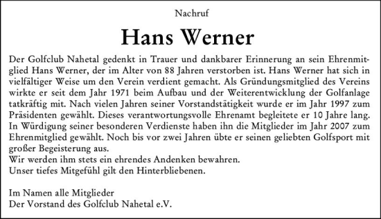 Traueranzeige von Hans Werner von Allgemeine Zeitung Bad Kreuznach
