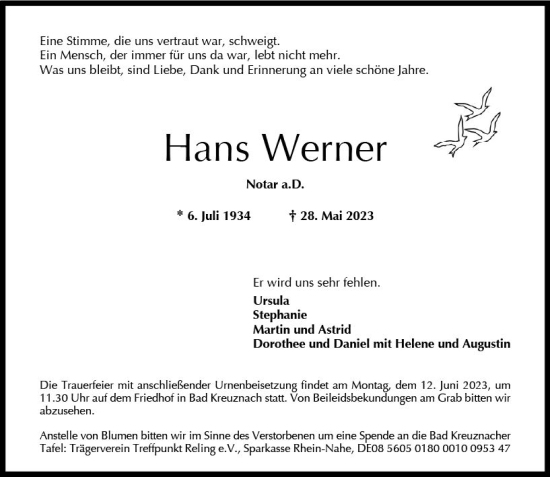 Traueranzeige von Hans Werner von Allgemeine Zeitung Bad Kreuznach