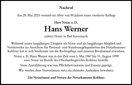 Traueranzeige von Hans Werner von Allgemeine Zeitung Bad Kreuznach