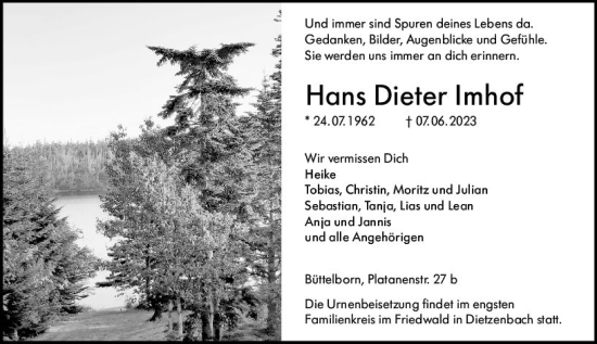 Traueranzeige von Hans Dieter Imhof von Groß-Gerauer Echo