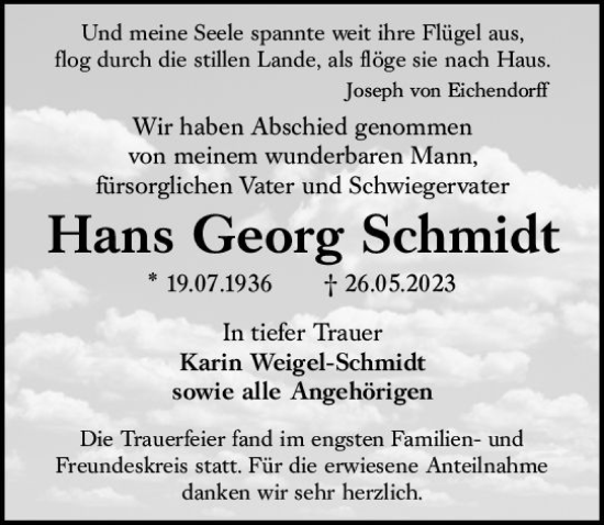 Traueranzeige von Hans Georg Schmidt von Wiesbadener Kurier