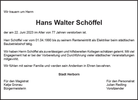 Traueranzeige von Hans Walter Schöffel von Dill Block