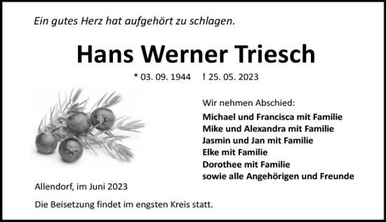 Traueranzeige von Hans Werner Triesch von Dill Block