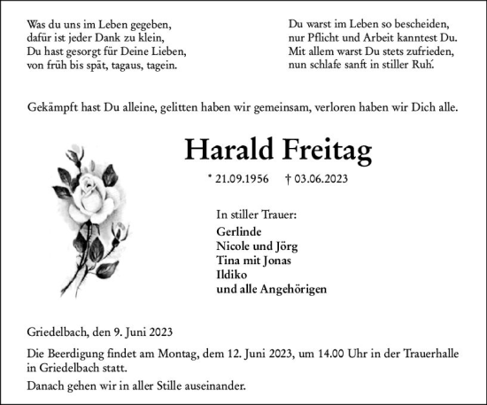 Traueranzeige von Harald Freitag von Wetzlarer Neue Zeitung