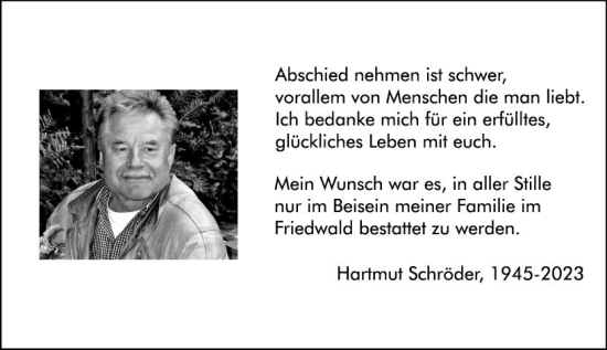 Traueranzeige von Hartmut Schröder von Hinterländer Anzeiger