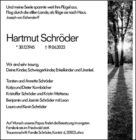 Traueranzeige von Hartmut Schröder von Hinterländer Anzeiger