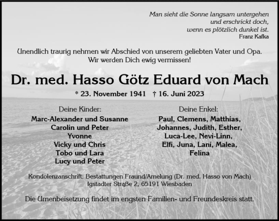Traueranzeige von Hasso Götz Eduard von Mach von Wiesbadener Kurier