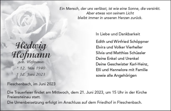 Traueranzeige von Hedwig Hofmann von VRM Trauer