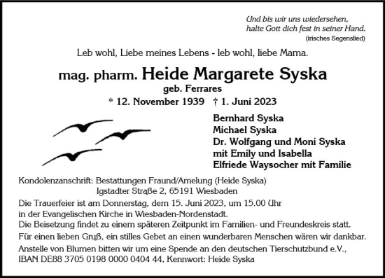 Traueranzeige von Heide Margarete Syska von Wiesbadener Kurier