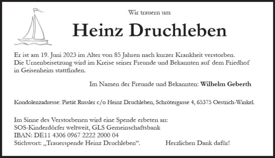 Traueranzeige von Heinz Druckleben von Rheingau Kurier