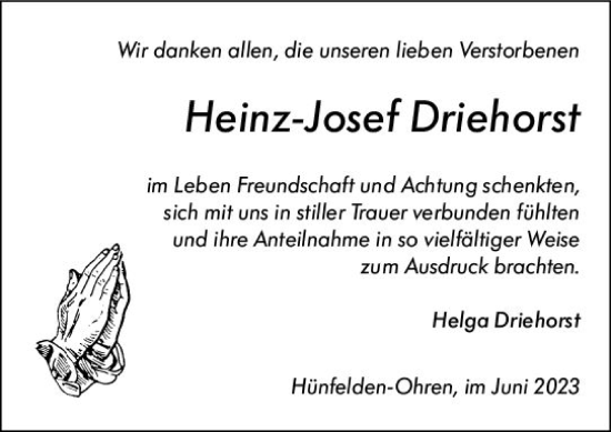 Traueranzeige von Heinz-Josef Driehorst von Camberger Anzeiger