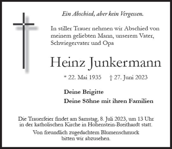 Traueranzeige von Heinz Junkermann von Wiesbadener Kurier