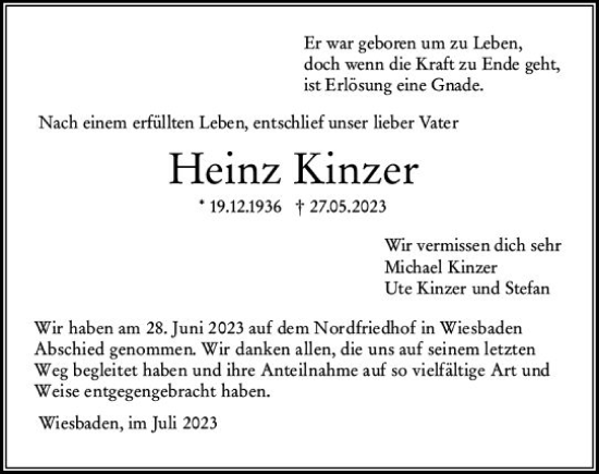 Traueranzeige von Heinz Kinzer von Wiesbadener Kurier