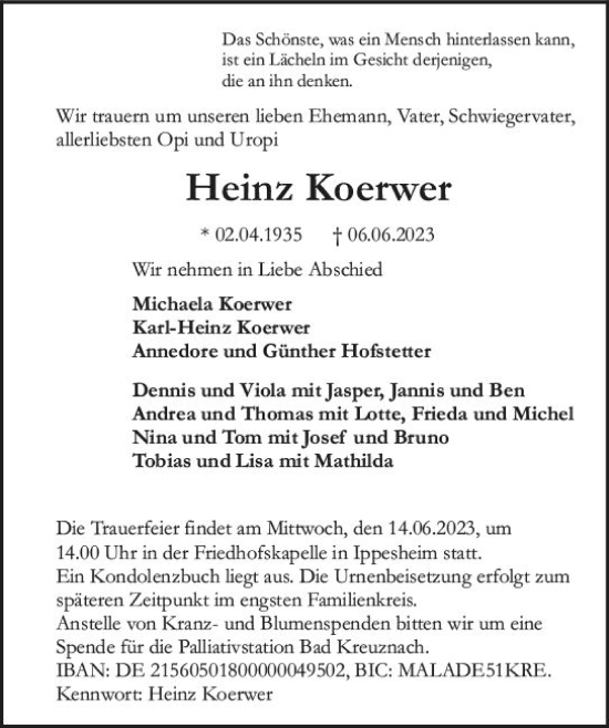 Traueranzeige von Heinz Koerwer von Allgemeine Zeitung Bad Kreuznach