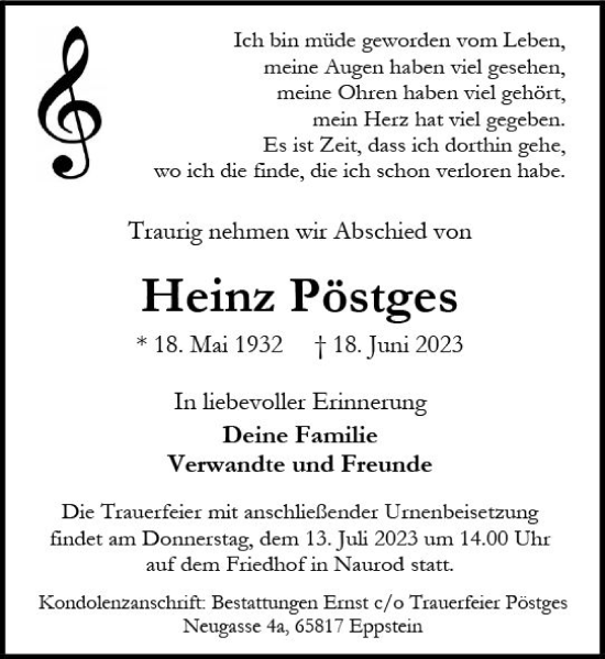 Traueranzeige von Heinz Pöstges von Wiesbadener Kurier