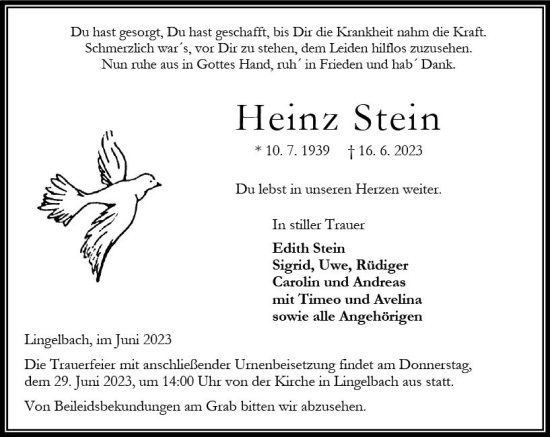 Traueranzeige von Heinz Stein von Oberhessen Kurier