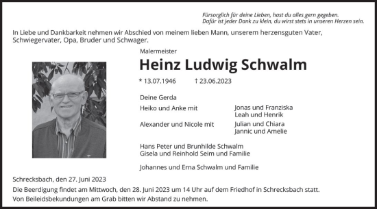 Traueranzeige von Heinz Ludwig Schwalm von VRM Trauer