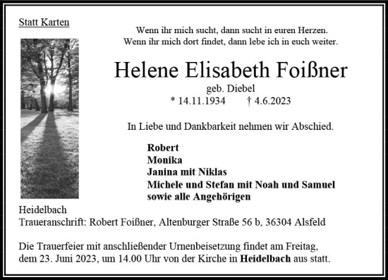 Traueranzeige von Helene Elisabeth Foißner von VRM Trauer