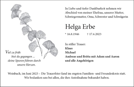 Traueranzeige von Helga Erbe von Weilburger Tageblatt