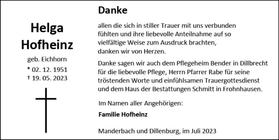 Traueranzeige von Helga Hofheinz von Dill Block