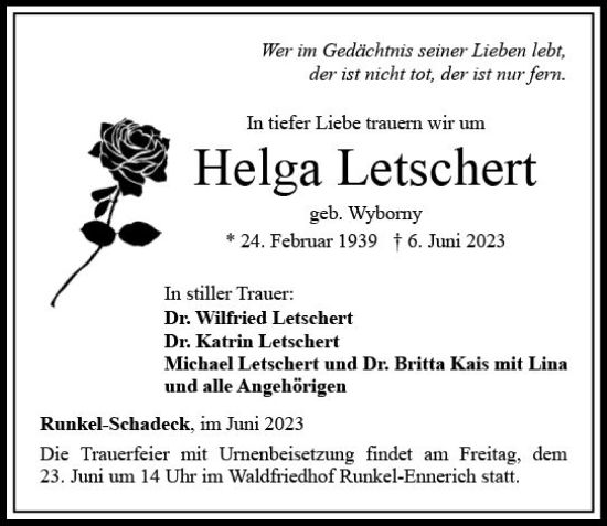 Traueranzeige von Helga Letschert von Nassauische Neue Presse