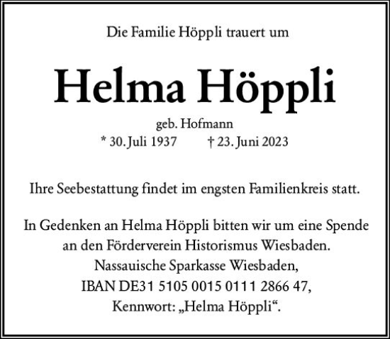 Traueranzeige von Helma Höppli von Wiesbadener Kurier