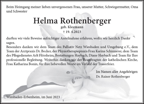 Traueranzeige von Helma Rothenberger von Wiesbadener Kurier