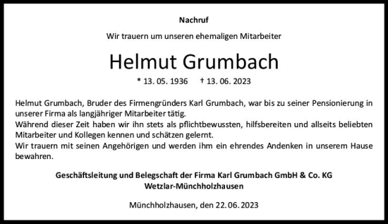Traueranzeige von Helmut Grumbach von Wetzlarer Neue Zeitung