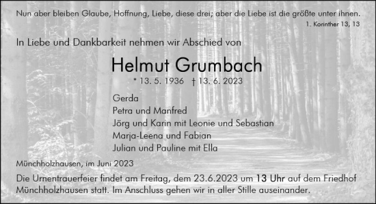 Traueranzeige von Helmut Grumbach von Wetzlarer Neue Zeitung