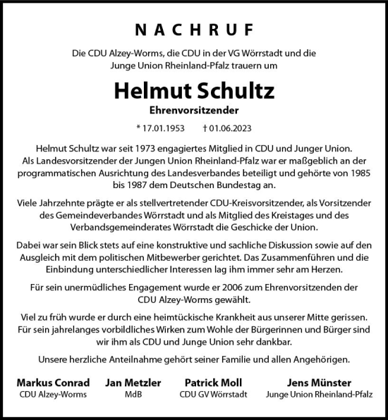 Traueranzeige von Helmut Schultz von Allgemeine Zeitung Alzey